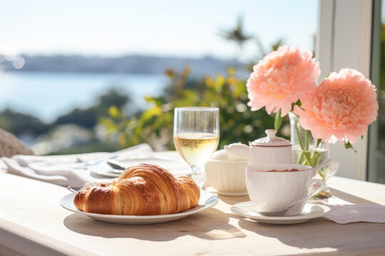 Breakfast on hotel balcony decorated with fresh flowers and croissants overlooking sea view. Generative AI