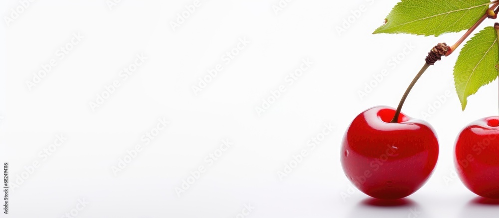 Poster in the serene beauty of nature, a vibrant red cherry stands out against the crisp, white background,