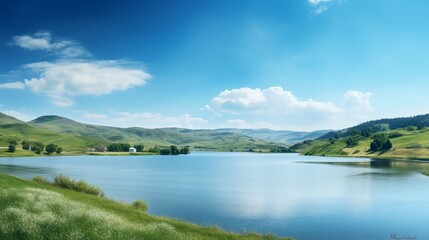 Fototapeta na wymiar an image of a pristine lake with a backdrop of rolling hills