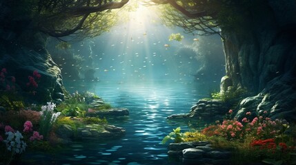 Obraz na płótnie Canvas an image of a pristine lake with a lush underwater garden