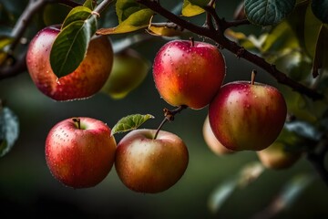 A close up of a fully riped couple of apples hanging on a branch