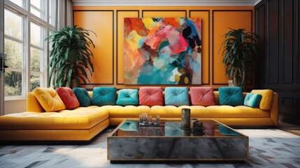 Colorful Pop Art Style Modern Living Room with Colorful Sofa and Artworks on walls. Art Deco, Clipart. Pop Art Style Modern Living Room.