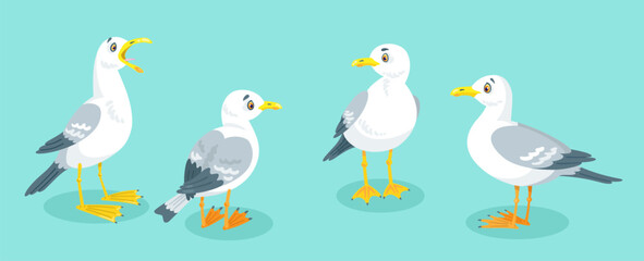 Four funny white seagulls are sitting. In cartoon style. Isolated on blue background. Vector flat illustration