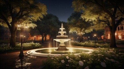 an image of a serene city park with a fountain surrounded by lights