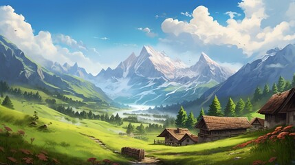 an image of a serene mountain village with a mountain pasture