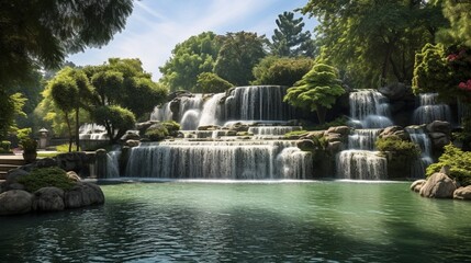 Fototapeta na wymiar an image of a serene lakeside park with a cascading waterfall fountain