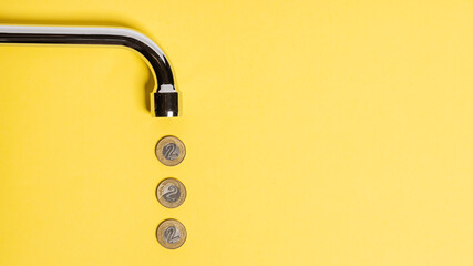 concept. metal tap spout on a yellow background, Polish zloty coins arranged in a row. bright...
