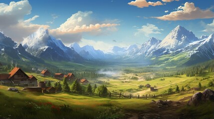 an image of a serene mountain village with a mountain pasture