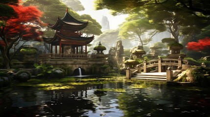 an image of a serene temple garden with a koi pond and fountain