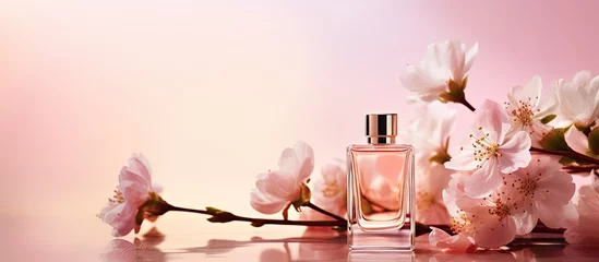Foto auf Leinwand In search of a perfect gift for a woman, she stumbled upon a luxurious glass bottle filled with a mesmerizing floral perfume, radiating femininity and beauty, while offering a rejuvenating aroma for a © AkuAku