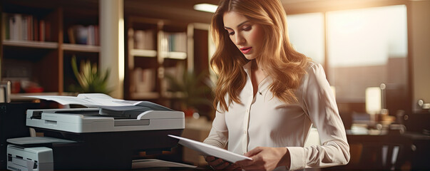 Woman using copy printer machine in modern office. Bussiness girl making copies of documents. - Powered by Adobe