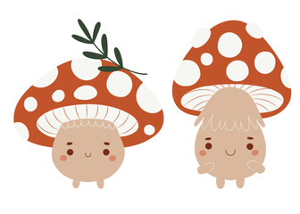 Two kawaii agaric mushrooms, tall and short. Cute forest creatures, hand drawn isolated vector illustration
