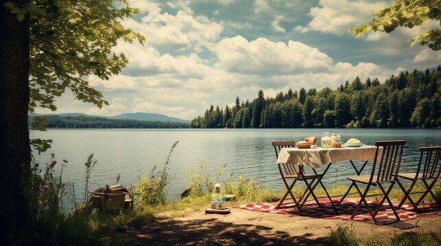 an image of a serene lakeside picnic spot