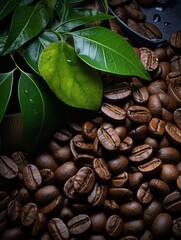 Coffee Beans with Leaves in the Background