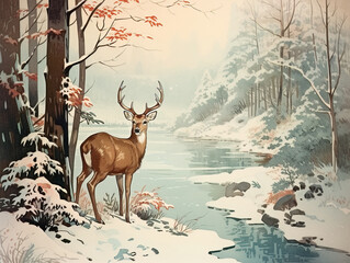 Deer in the snow forest, Christmas vintage style illustration	