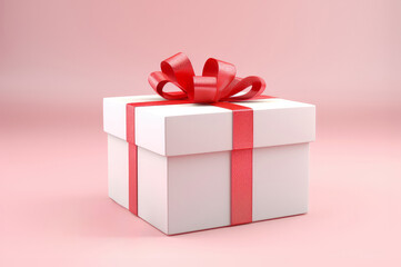 Obraz premium White gift box with red ribbon isolated on pink background