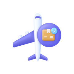 3D Airplane with parcel and check mark. Delivery concept. Approved icon. Flight transport symbol. Travel concept.