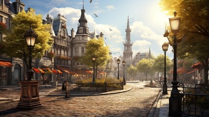 an image of a serene city square with vintage lampposts and cobblestone paths