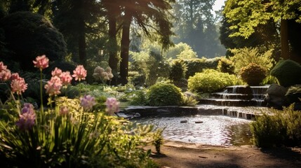 an image of a serene garden pond with a bubbling fountain