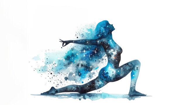 Abstract watercolor illustration of woman doing yoga pose. Drawing of woman stretching 