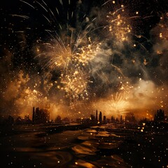 Gold and Black Firework on new years eve. In Front of a City. Looks like Asteroids. - Generative AI