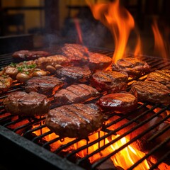 An Argentinian parrilla, with hamburger steaks being grilled, Generative AI