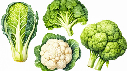 a set featuring broccoli, white cabbage, and cauliflower