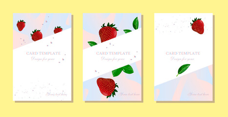 Invitation, card, congratulation. Strawberries on a white background. Green plant leaves, text. Food, dessert. Menu. Template for happy birthday cards, greeting cards, flyers, invitations, parties. 