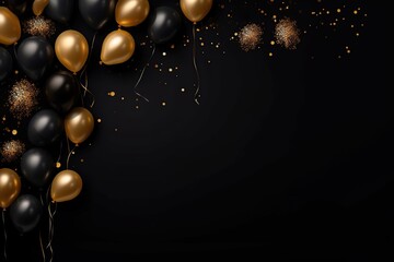 Confetti and balloons on a black background with text space, Generative AI - obrazy, fototapety, plakaty