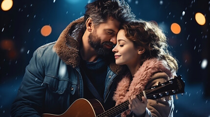 young happy couple with guitar at christmas time - obrazy, fototapety, plakaty