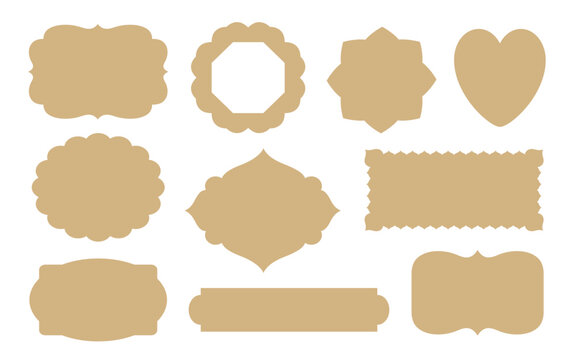 Retro labels vintage tag templates vector cut file. Old fashioned die-cut frame shapes ornate sihouettes for paper cut, scrapbook, insignia, wine badge, food label, sticker, gift tag or greeting card.