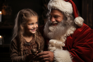 Santa claus with a little smiling girl on his lap at christmas