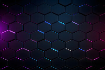 Neon style dark technology background with hexagons or honeycombs with neon lights behind them