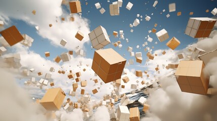 Concept of online delivery and parcels, in cardboard craft boxes falling chaotically from the sky.