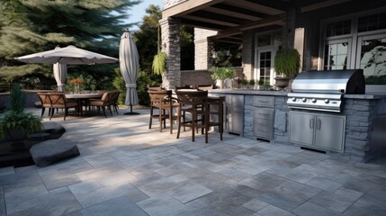 a stone patio with an outdoor kitchen for outdoor parties in a Horizontal format, in an Architectural-themed, photorealistic illustration in JPG. Generative ai
