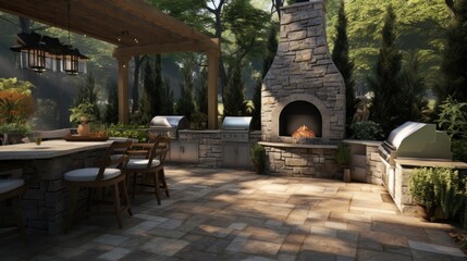Naklejka premium a stone patio with an outdoor kitchen for outdoor parties in a Horizontal format, in an Architectural-themed, photorealistic illustration in JPG. Generative ai