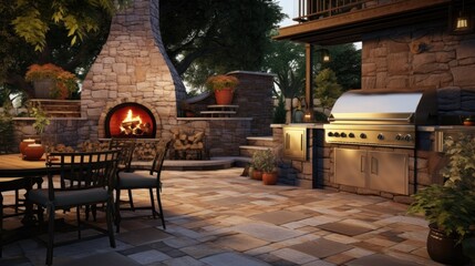 a stone patio with an outdoor kitchen for outdoor parties in a Horizontal format, in an Architectural-themed, photorealistic illustration in JPG. Generative ai