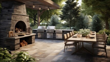 Fototapeta premium a stone patio with an outdoor kitchen for outdoor parties in a Horizontal format, in an Architectural-themed, photorealistic illustration in JPG. Generative ai