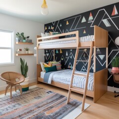  trendy children's room with a black and white wallpaper accent wall, a wooden bunk bed - obrazy, fototapety, plakaty