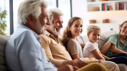A multi-generational family, including grandparents, parents, and young children,