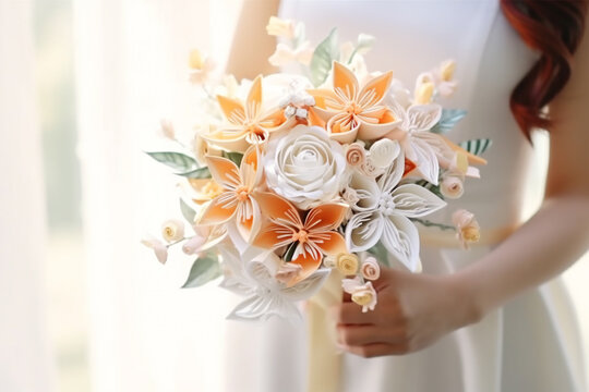 papercut quilling style chic color bouquet in the hands of a bride in a white dress. Luxury wedding bouquet. The girl is holding flowers. Generative AI