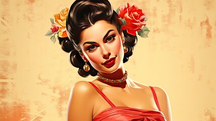 a Classic Pin-up Mexican female model with floral accents with room for copy on a light background in a horizontal format in a Vintage-themed, photorealistic illustration in JPG. Generative ai