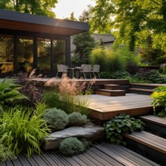 Obraz premium a modern garden with a unique set of outdoor furniture, well-maintained greenery