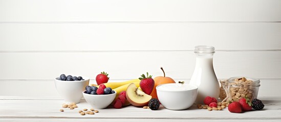 Obraz na płótnie Canvas On a white wooden table, a nutritious breakfast was laid out - a glass of milk, a bowl of fresh fruit, and a jar of organic yogurt topped with cream - a healthy and satisfying meal, perfect for a