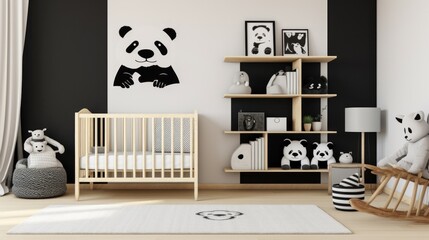 A modern children's room with a black and white color scheme, a wooden crib with a  white crib sheet