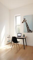 minimalist children's room with white walls, a wooden floor, and a built-in desk with a black chair