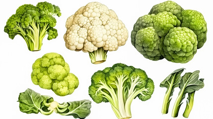 a set featuring broccoli, white cabbage, and cauliflower