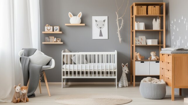 A stylish children's room with a gray and white color scheme, a wooden crib with a gray crib sheet