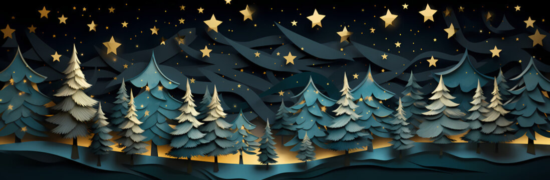 christmas tree background with golden tree sprites on the dark background, in the style of light teal and dark sky-blue, delicate paper cutouts, realistic landscape paintings