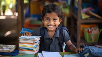 A young child holding a book and smiling, surrounded by school supplies like pencils and notebooks